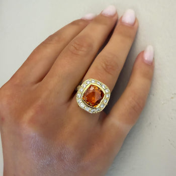 GIA Certified 6 Carat Cushion Cut Orange Sapphire Diamond Halo 18K Gold Ring – Assay Jewelers