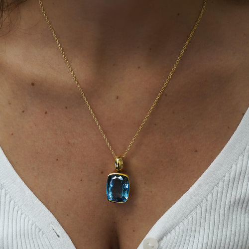 GIA Certified Cushion Cut Blue Topaz in 18K Gold Bezel Pendant Necklace
