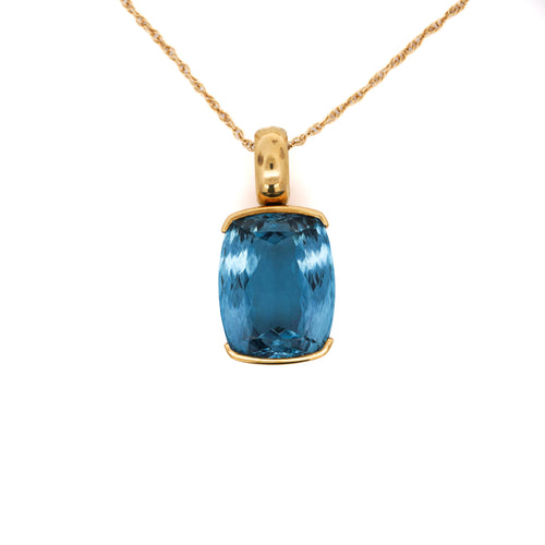 GIA Certified Cushion Cut Blue Topaz in 18K Gold Bezel Pendant Necklace
