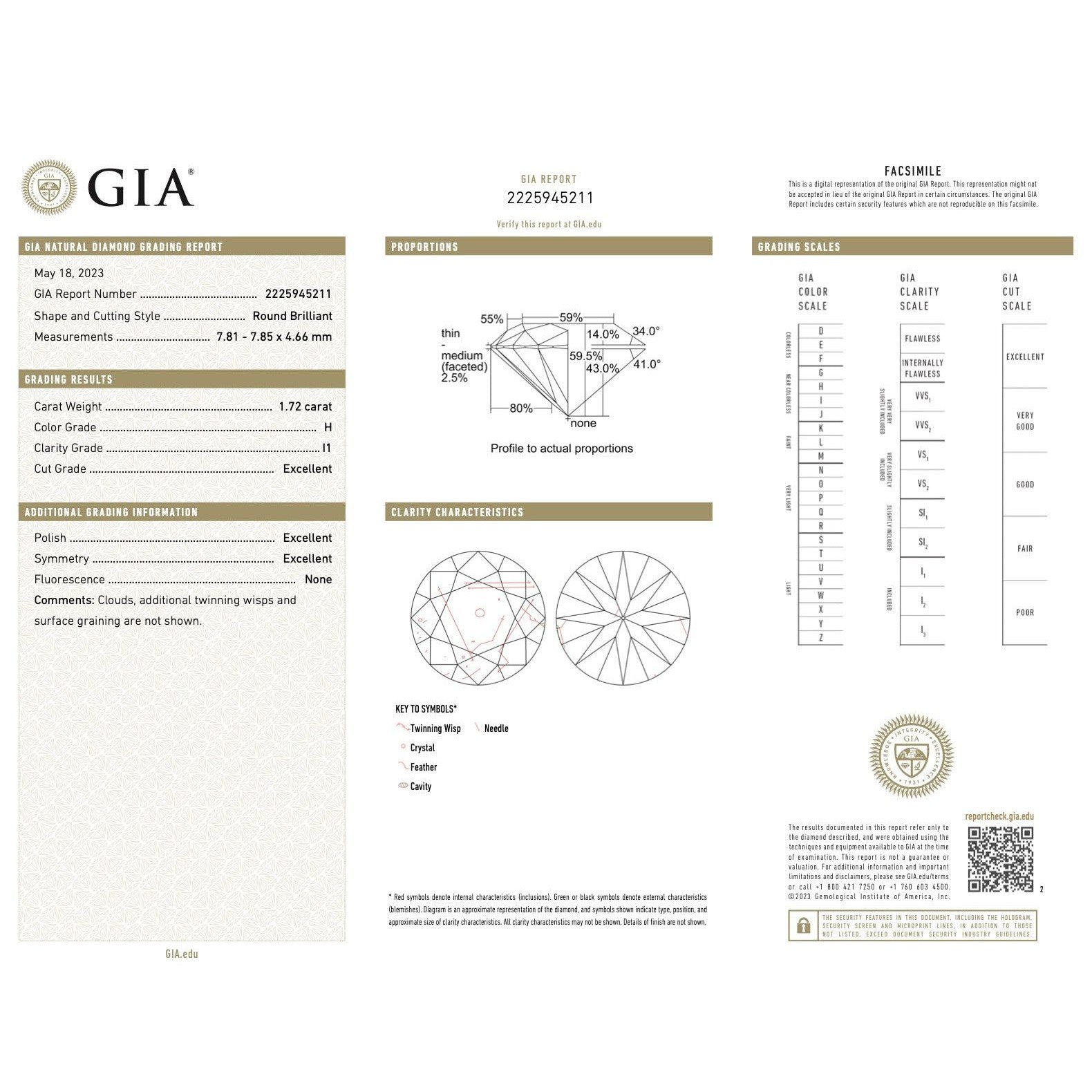 GIA Certified Natural 1.72 Carat Loose Diamond Round-Brilliant-Cut H Color - I1 Clarity - Excellent Cut