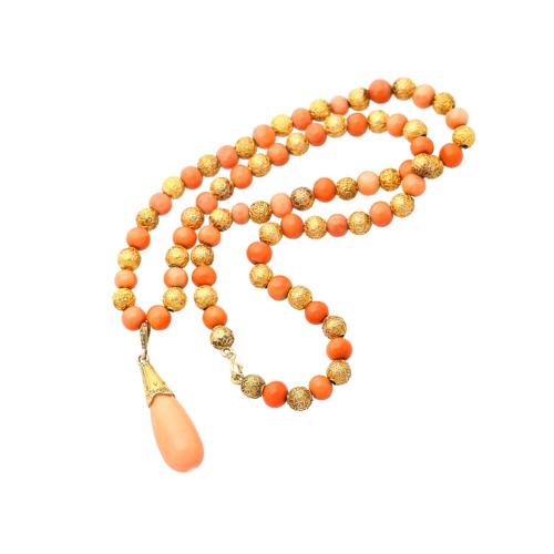 GIA Certified Vintage Coral and 14K Gold Filigree Bead Necklace Drop Pendant