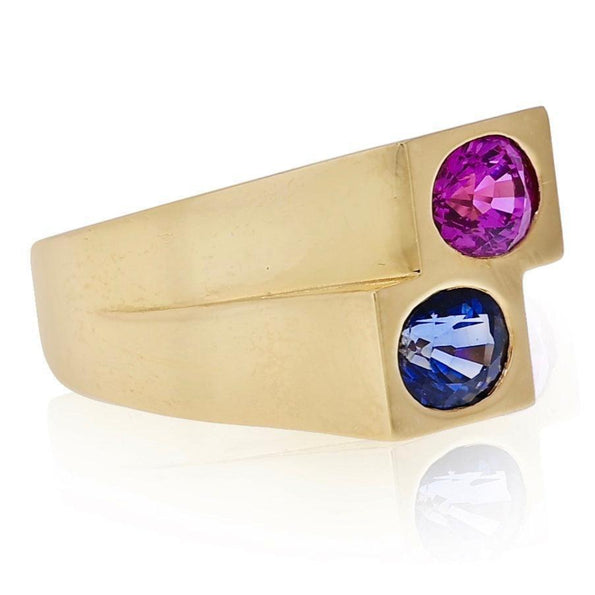 GIA certified Blue and Pink Sapphire Unisex Bezel Ring in 18k gold