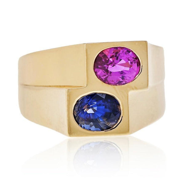GIA certified Blue and Pink Sapphire Unisex Bezel Ring in 18k gold