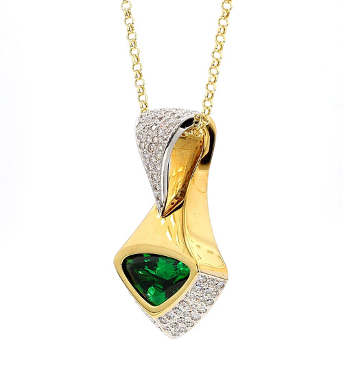 Important 11 Carat Vivid Green Tsavorite 18K Gold Pendant Necklace