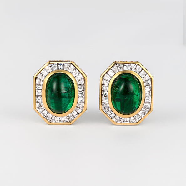 Mouawad Signed Vivid Cabochon Emeralds & Baguette Diamond Halo Clip On Earrings
