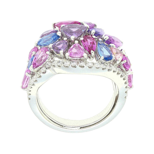Multicolor Sapphire Pear Marquise Mix & Diamond Cluster 18K White Gold Dome Ring