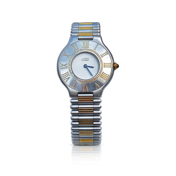 alt
Orologio Must de Cartier con quadrante a numeri romani / 30 mm - acciaio inossidabile bicolore dorato – Assay Jewelers