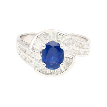 Natural 1.14 Carati Zaffiro blu taglio ovale con Diamonds taglio rotondo e baguette in una montatura Ring in oro bianco 18K a spirale – Assay Jewelers