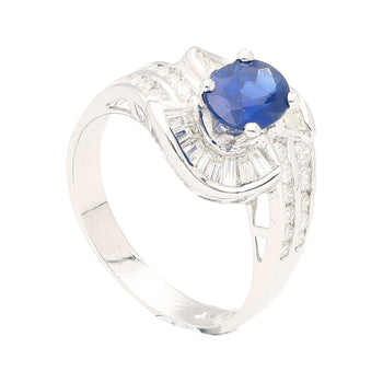 Natural 1.14 Carati Zaffiro blu taglio ovale con Diamonds taglio rotondo e baguette in una montatura Ring in oro bianco 18K a spirale – Assay Jewelers