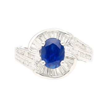 Natural 1.14 Carati Zaffiro blu taglio ovale con Diamonds taglio rotondo e baguette in una montatura Ring in oro bianco 18K a spirale – Assay Jewelers