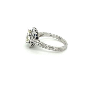 Natural da 1,40 carati, diamante taglio tondo con halo di zaffiri blu in montatura Ring Art Déco in filigrana – Assay Jewelers