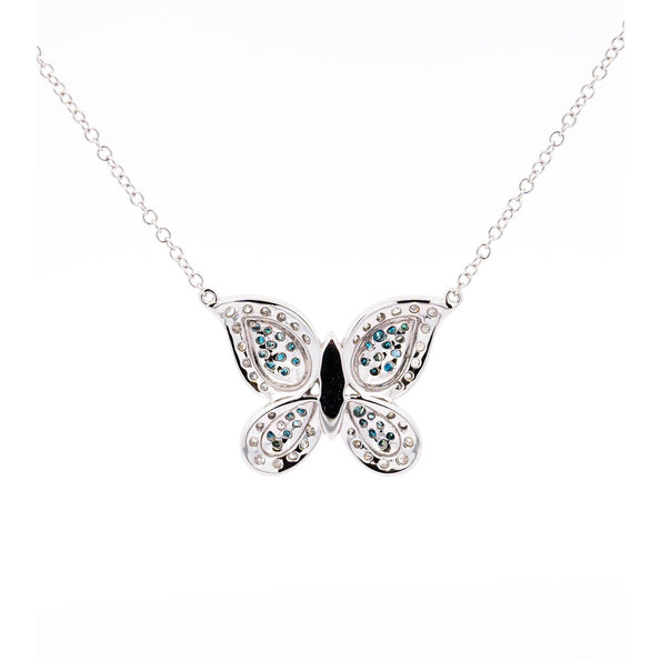 Natural Blue and White Diamond Cluster Butterfly Charm Floating Pendant Necklace