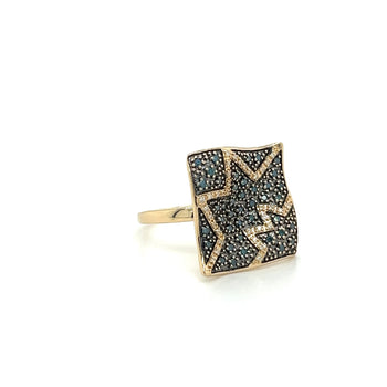 Ring ampio a cornice piatta ondulata con cluster di diamanti naturali blu e bianchi in oro giallo 14K – Assay Jewelers