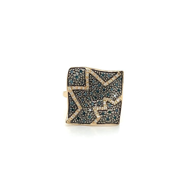 Ring ampio a cornice piatta ondulata con cluster di diamanti naturali blu e bianchi in oro giallo 14K – Assay Jewelers
