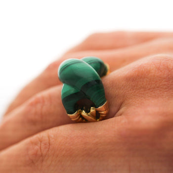 Natural Carved Malachite Quatrefoil Floral Dome Four-Prong 14K Yellow Gold Ring – Assay Jewelers