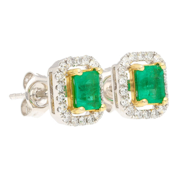 Natural Emerald and Diamond Halo Stud Earrings in 18K White Gold