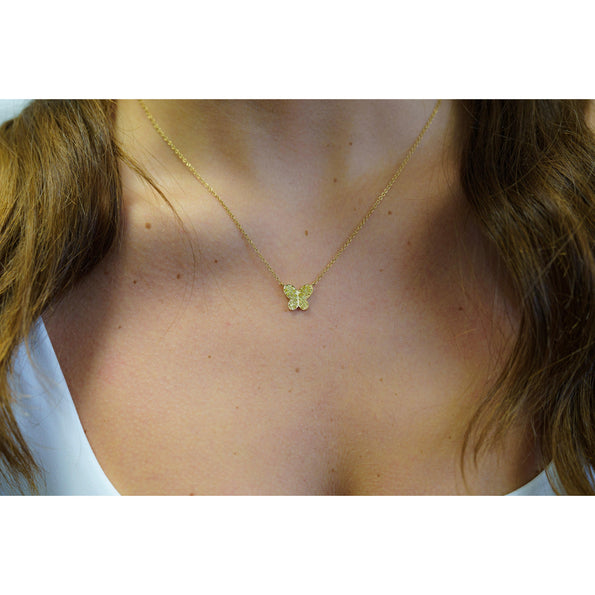 Natural Fancy Yellow Diamond 18K Gold Butterfly Charm Floating Necklace