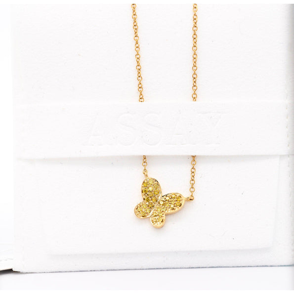 Natural Fancy Yellow Diamond 18K Gold Butterfly Charm Floating Necklace