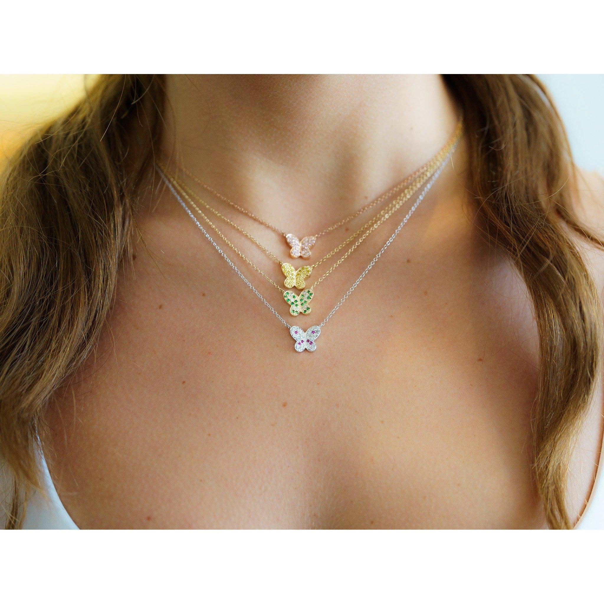 Natural Pink Diamond Butterfly Charm Floating Pendant Necklace in 18K Rose Gold