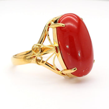 Oval Redish Orange Coral Cabochon 18K Gold Filigree Scrollwork Ring – Assay Jewelers