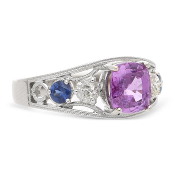 1.78 Carat Pink Sapphire Blue Sapphire Diamond 18K White Gold Vintage Ring – Assay Jewelers