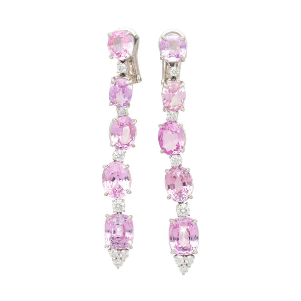 Boucles d’oreilles pendantes en platine, saphir padparadscha naturel rose changeant de couleur