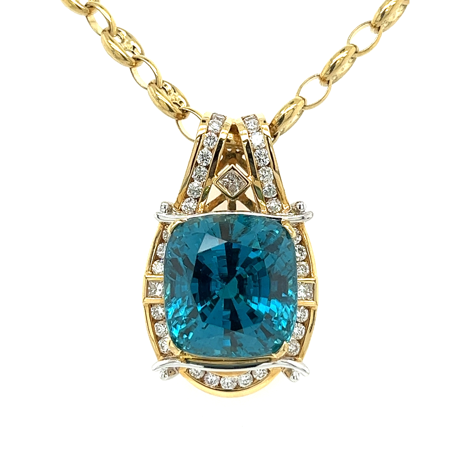 Rare GIA Certified 50 Carat Greenish Blue Zircon Pendant Necklace with Diamonds in Platinum & 18K Yellow Gold