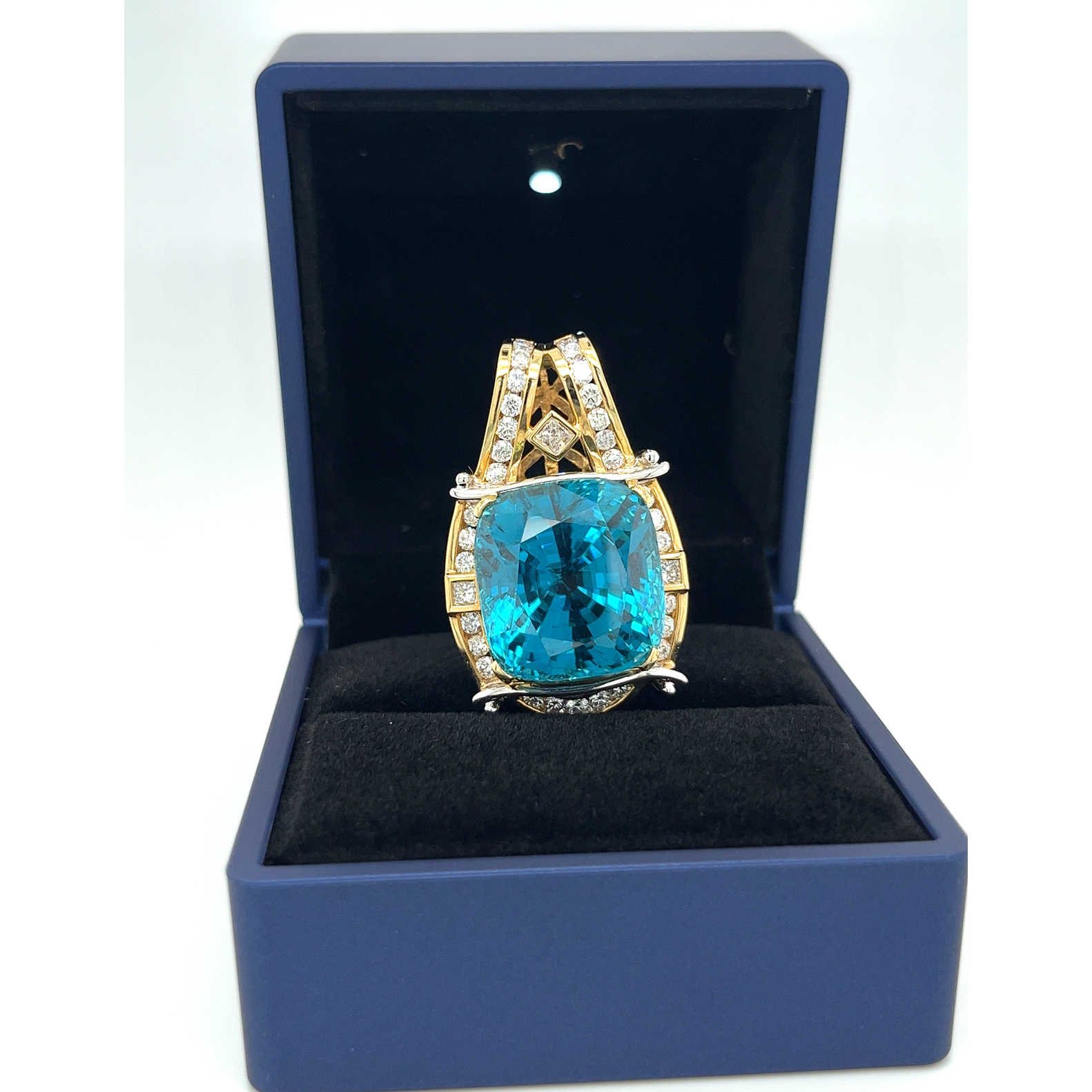 Rare GIA Certified 50 Carat Greenish Blue Zircon Pendant Necklace with Diamonds in Platinum & 18K Yellow Gold