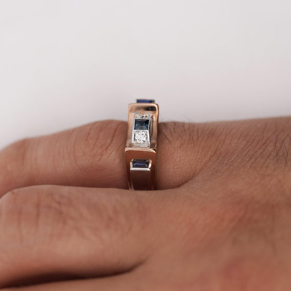 Retro Style Sapphire & Diamond Channel 14K Two Tone Unisex Band Ring