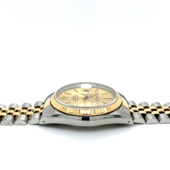 Rolex DateJust 36MM quadrante e lunetta zigrinati Champagne Tapestry in due tonalità, 18K e acciaio inox, con bracciale Jubilee, datario e scatola Rolex – Assay Jewelers
