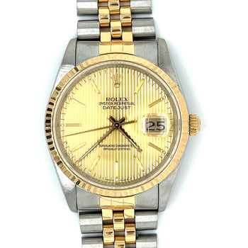 Rolex DateJust 36MM quadrante e lunetta zigrinati Champagne Tapestry in due tonalità, 18K e acciaio inox, con bracciale Jubilee, datario e scatola Rolex – Assay Jewelers