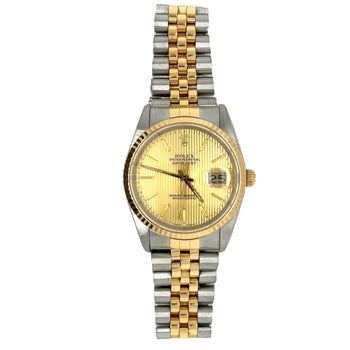 Rolex DateJust 36MM quadrante e lunetta zigrinati Champagne Tapestry in due tonalità, 18K e acciaio inox, con bracciale Jubilee, datario e scatola Rolex – Assay Jewelers