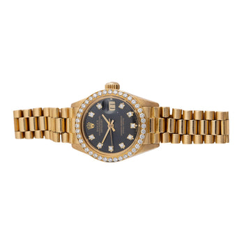 Rolex Datejust 6917 26mm 18K Gold President Diamond Bezel Black Dial Watch – Assay Jewelers