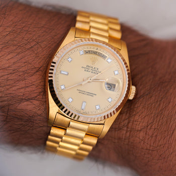 Rolex Day-Date 18038 Champagne Diamond Dial 18K Gold 36mm Circa 1978 Watch – Assay Jewelers