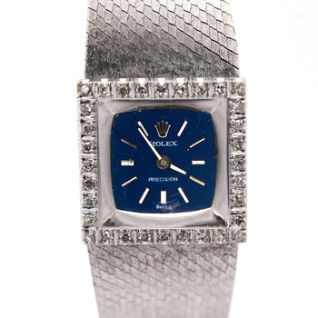 Rolex Precision 2157 Ladies 18k White Gold Diamond Bezel Blue Dial Watch 1972 – Assay Jewelers