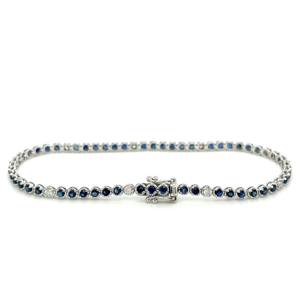 Bracelet tennis serti griffes en or blanc 14K, saphir bleu taille ronde et diamants