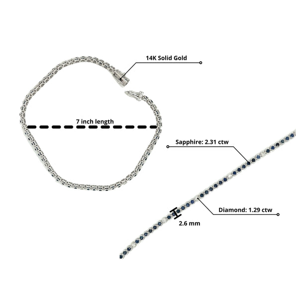 Bracelet tennis serti griffes en or blanc 14K avec saphirs bleus taille ronde et diamants
