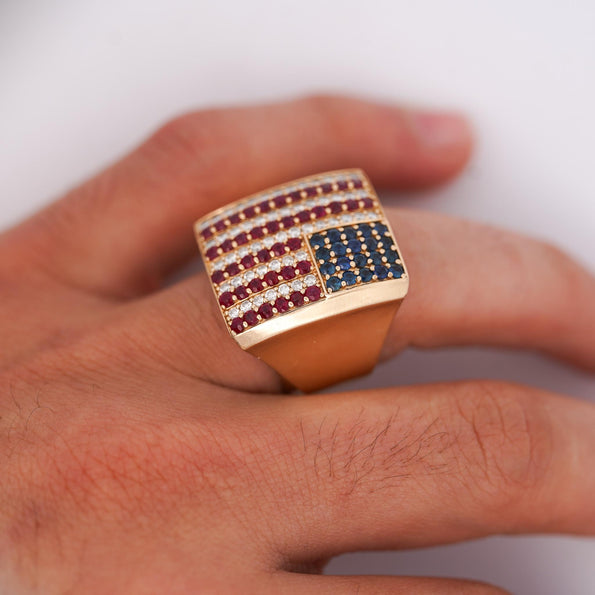 Ruby Sapphire & Diamond USA Flag 14K Gold Mens 4th of July Signet Ring