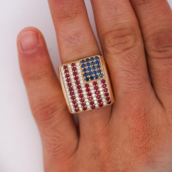 Ruby Sapphire & Diamond USA Flag 14K Gold Mens 4th of July Signet Ring