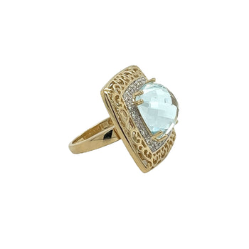 Ring in oro 14K con topazio azzurro cielo e diamanti, ampia cornice a filigrana curvata – Assay Jewelers