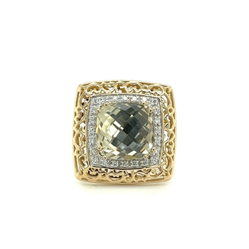 Ring in oro 14K con topazio azzurro cielo e diamanti, ampia cornice a filigrana curvata – Assay Jewelers