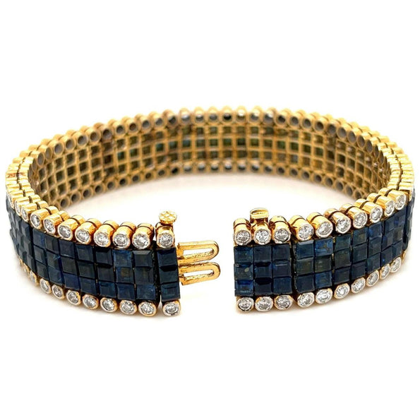 Bracelet tennis en saphirs bleus taille carrée et cluster de diamants