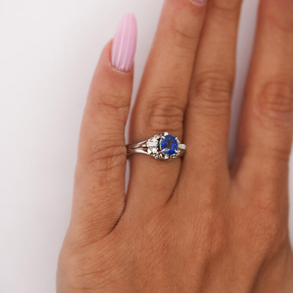 Vintage 0.97 Carat Oval Blue Sapphire & Diamond Filigree in Platinum Floral Ring