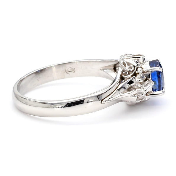 Vintage 0.97 Carat Oval Blue Sapphire & Diamond Filigree in Platinum Floral Ring