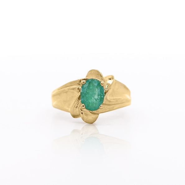 Vintage 1.44 Carat Oval Cut Emerald in 14K Gold Textured Statement Ring