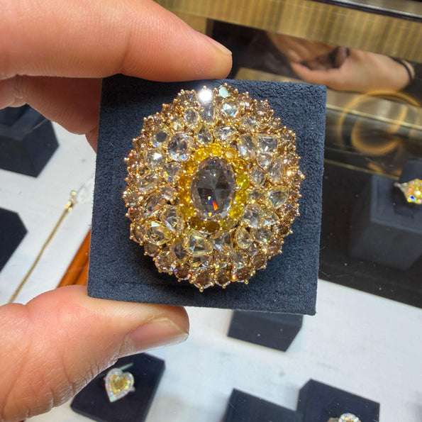 Vintage 22 Carat Multi-Color Rose Cut & Round Diamond Cluster 18K Gold Dome Ring