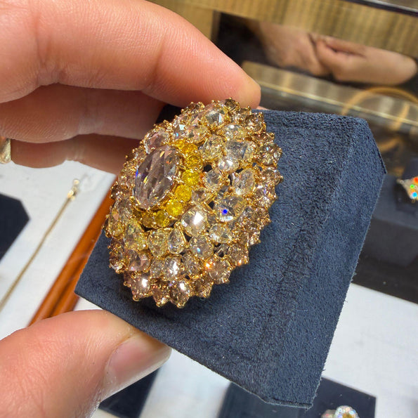 Vintage 22 Carat Multi-Color Rose Cut & Round Diamond Cluster 18K Gold Dome Ring