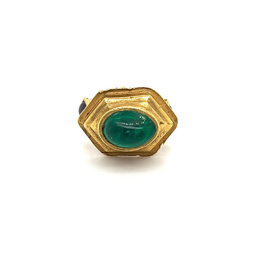Vintage 22K Gold Egyptian Revival Cabochon Cut Emerald and Garnet Ring