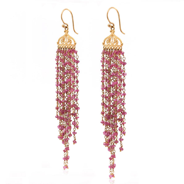 Vintage 22K Gold Pink Tourmaline Bead Indian Chandelier Drop Earrings