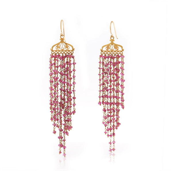 Vintage 22K Gold Pink Tourmaline Bead Indian Chandelier Drop Earrings
